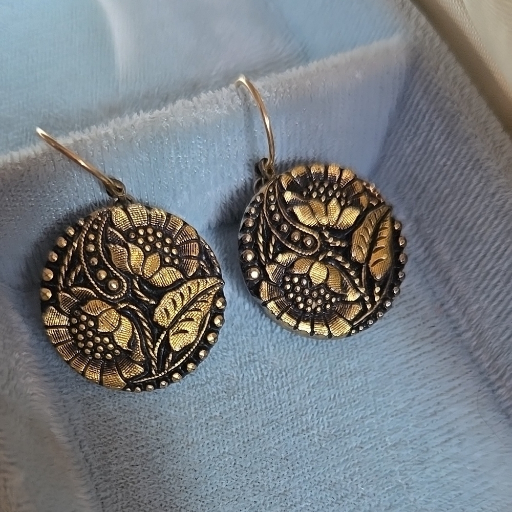 Vintage Czech Glass Button Upcyled Floral Black and Gold Gilded Earrings